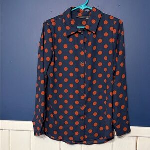 Halogen Navy button down dress shirt  with Rust Polka Dots sz small